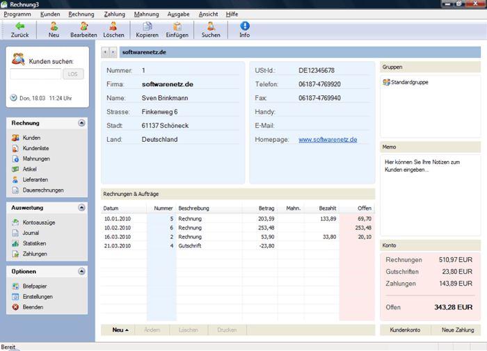 Screenshot vom Programm: Softwarenetz Rechnung