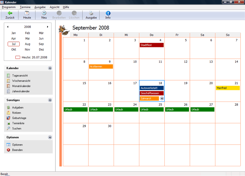 Screenshot vom Programm: SoftwareNetz Terminkalender
